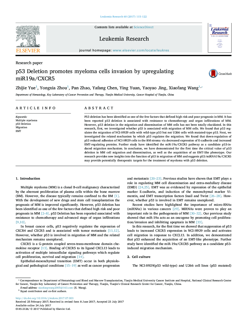 Research paperp53 Deletion promotes myeloma cells invasion by upregulating miR19a/CXCR5