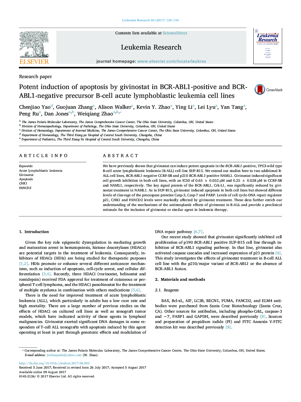 Research paperPotent induction of apoptosis by givinostat in BCR-ABL1-positive and BCR-ABL1-negative precursor B-cell acute lymphoblastic leukemia cell lines