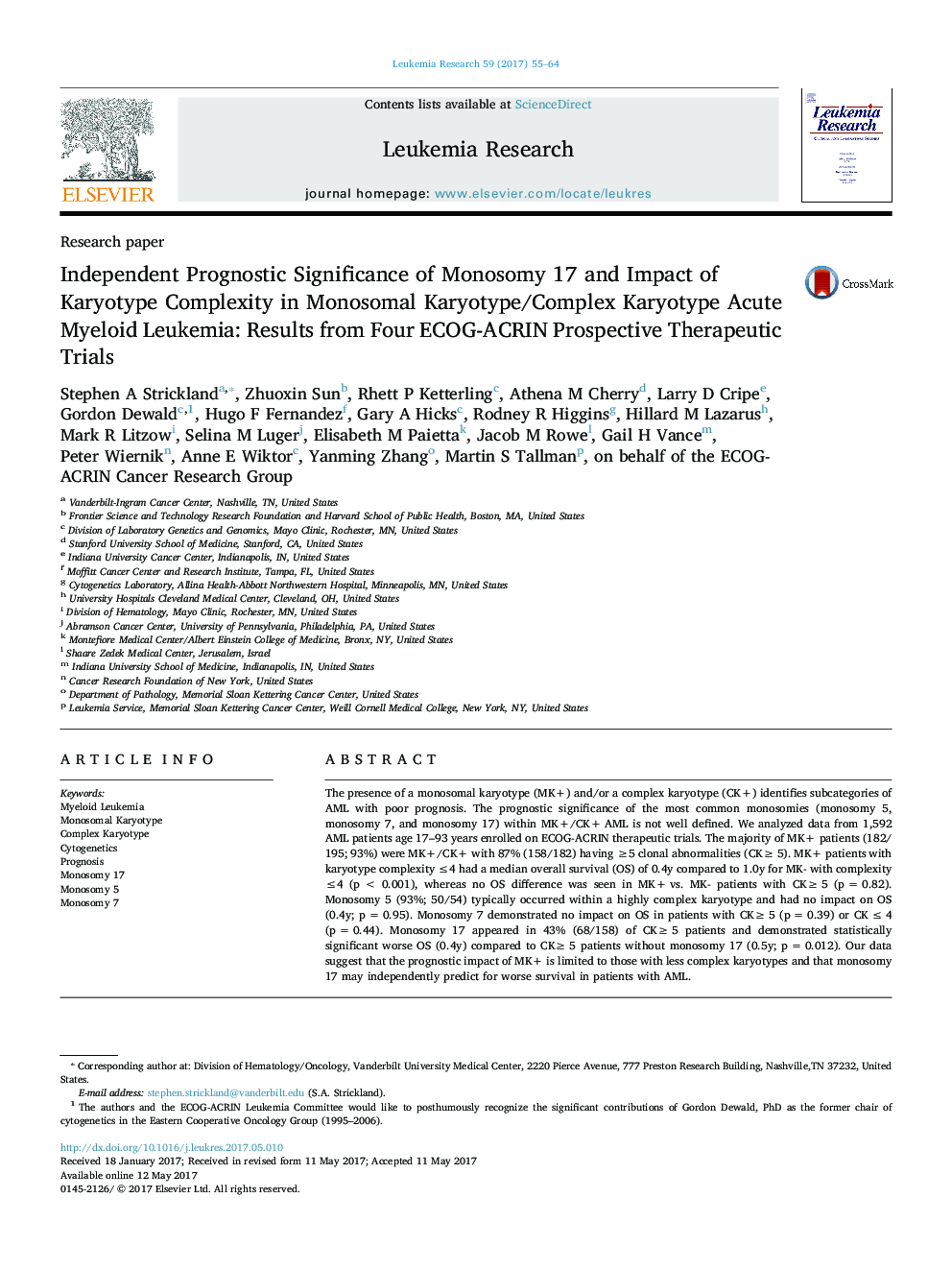 Research paperIndependent Prognostic Significance of Monosomy 17 and Impact of Karyotype Complexity in Monosomal Karyotype/Complex Karyotype Acute Myeloid Leukemia: Results from Four ECOG-ACRIN Prospective Therapeutic Trials