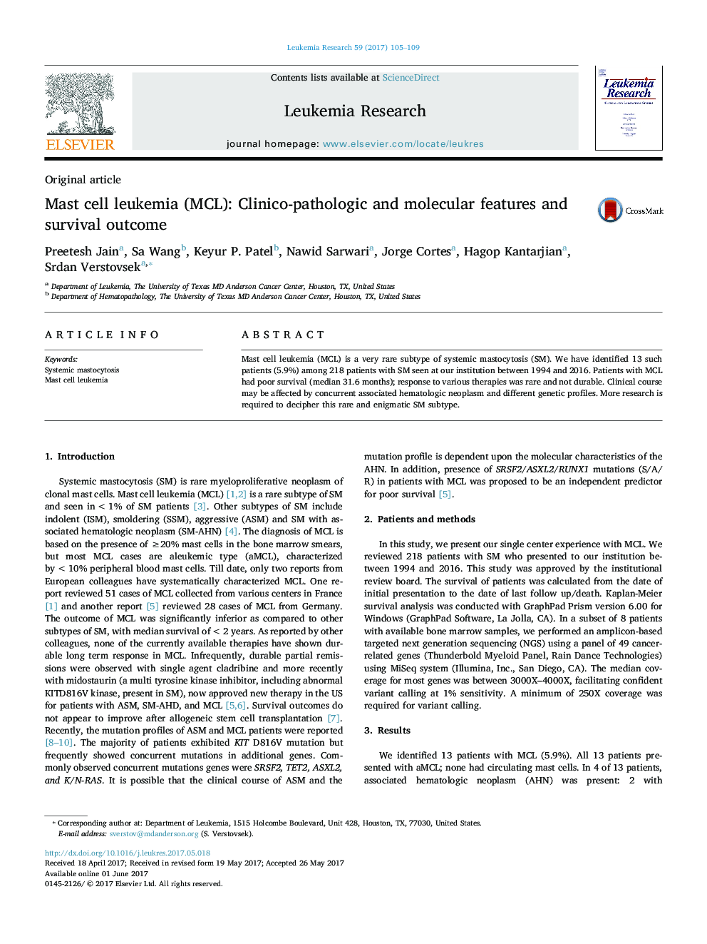 Original articleMast cell leukemia (MCL): Clinico-pathologic and molecular features and survival outcome