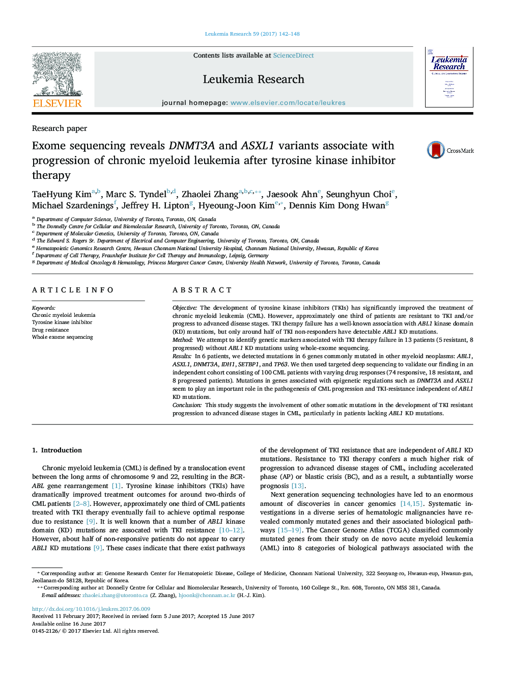 Research paperExome sequencing reveals DNMT3A and ASXL1 variants associate with progression of chronic myeloid leukemia after tyrosine kinase inhibitor therapy