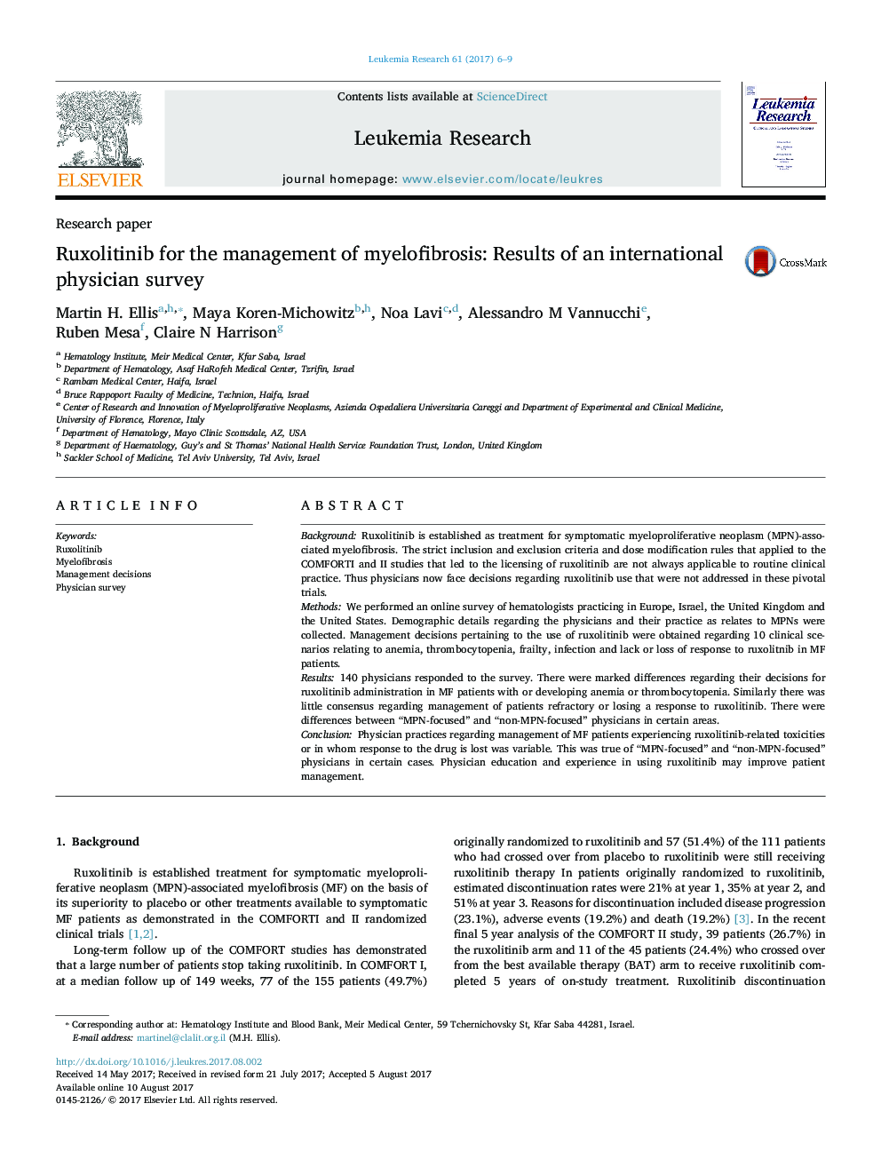 Research paperRuxolitinib for the management of myelofibrosis: Results of an international physician survey