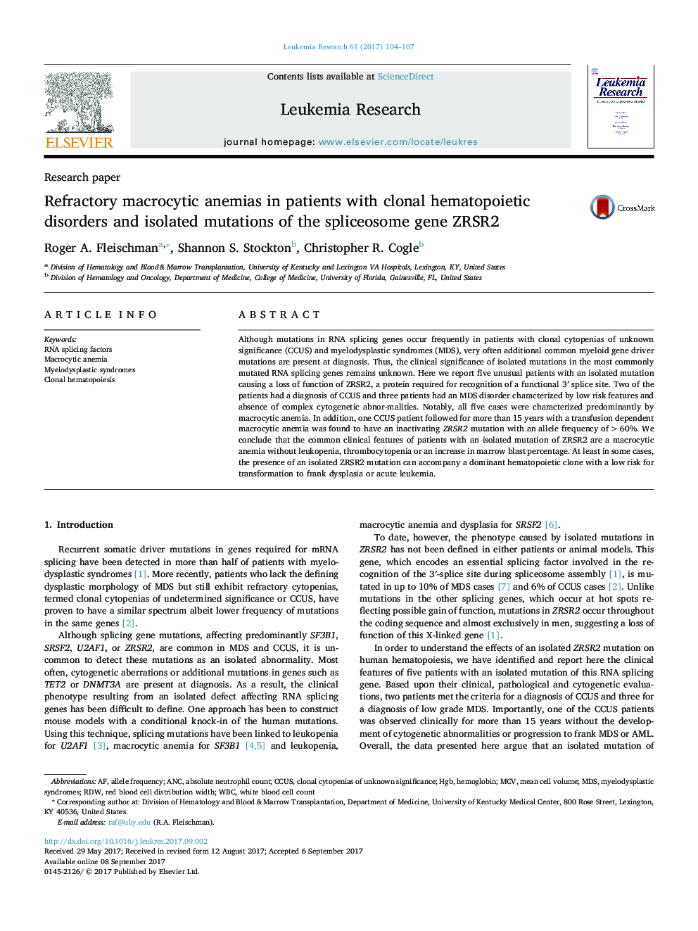 Research paperRefractory macrocytic anemias in patients with clonal hematopoietic disorders and isolated mutations of the spliceosome gene ZRSR2