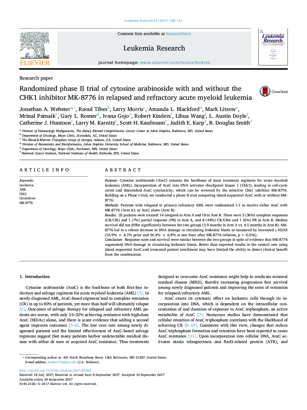 Research paperRandomized phase II trial of cytosine arabinoside with and without the CHK1 inhibitor MK-8776 in relapsed and refractory acute myeloid leukemia