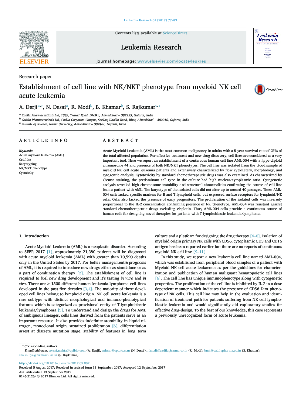 عکس صفحه اول مقاله: Research paperEstablishment of cell line with NK/NKT phenotype from myeloid NK cell acute leukemia Research paperEstablishment of cell line with NK/NKT phenotype from myeloid NK cell acute leukemia