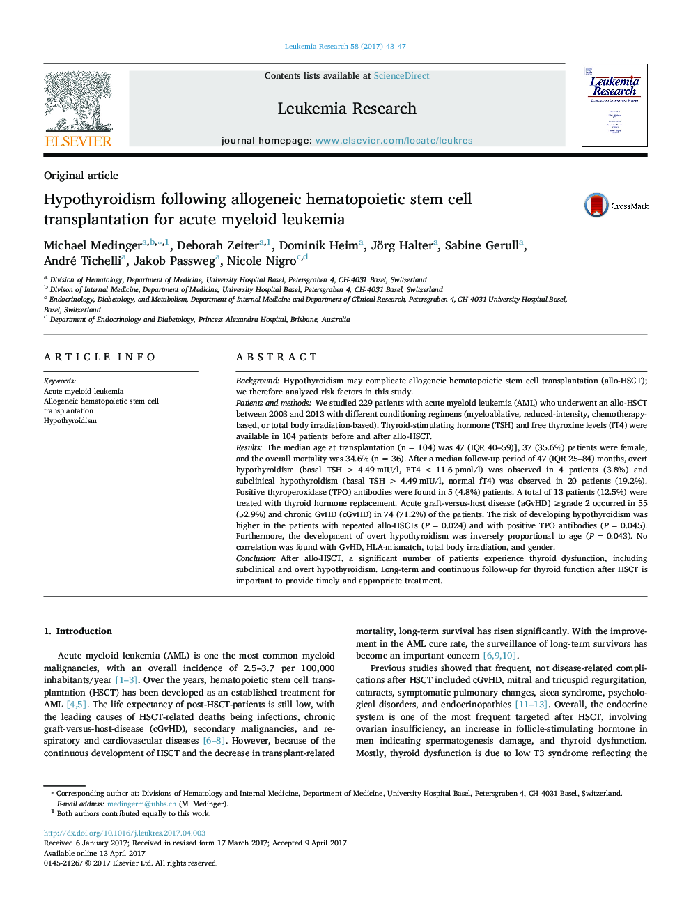 Original articleHypothyroidism following allogeneic hematopoietic stem cell transplantation for acute myeloid leukemia
