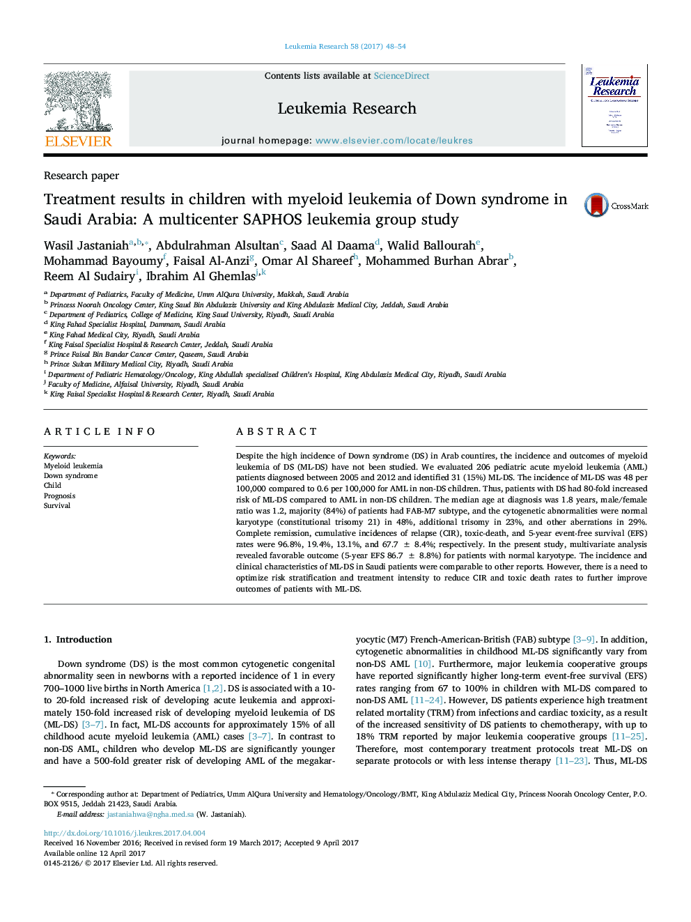 Research paperTreatment results in children with myeloid leukemia of Down syndrome in Saudi Arabia: A multicenter SAPHOS leukemia group study