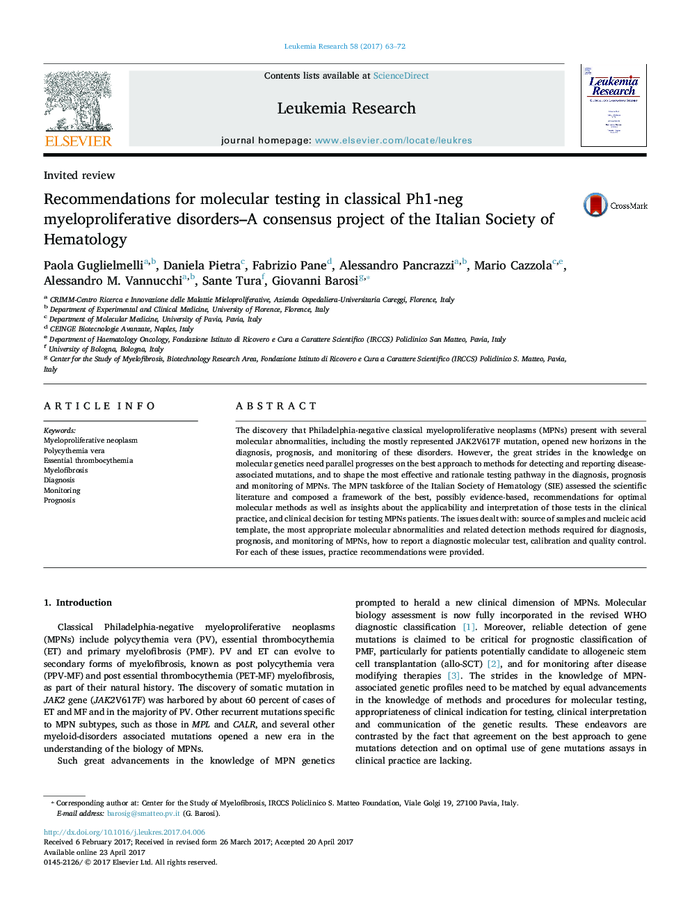 Invited reviewRecommendations for molecular testing in classical Ph1-neg myeloproliferative disorders-A consensus project of the Italian Society of Hematology