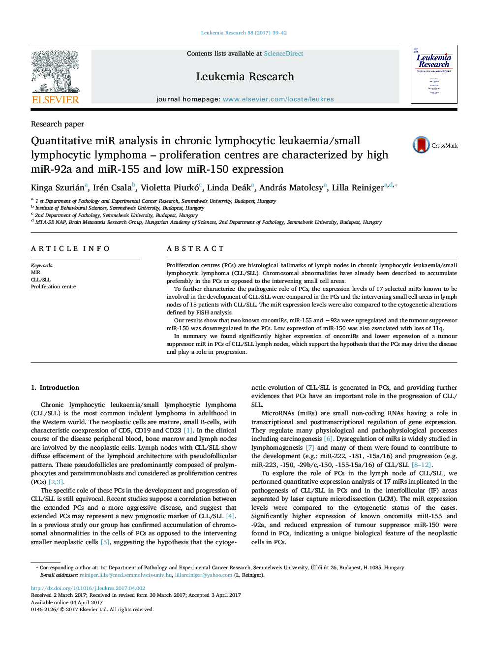 Research paperQuantitative miR analysis in chronic lymphocytic leukaemia/small lymphocytic lymphoma - proliferation centres are characterized by high miR-92a and miR-155 and low miR-150 expression