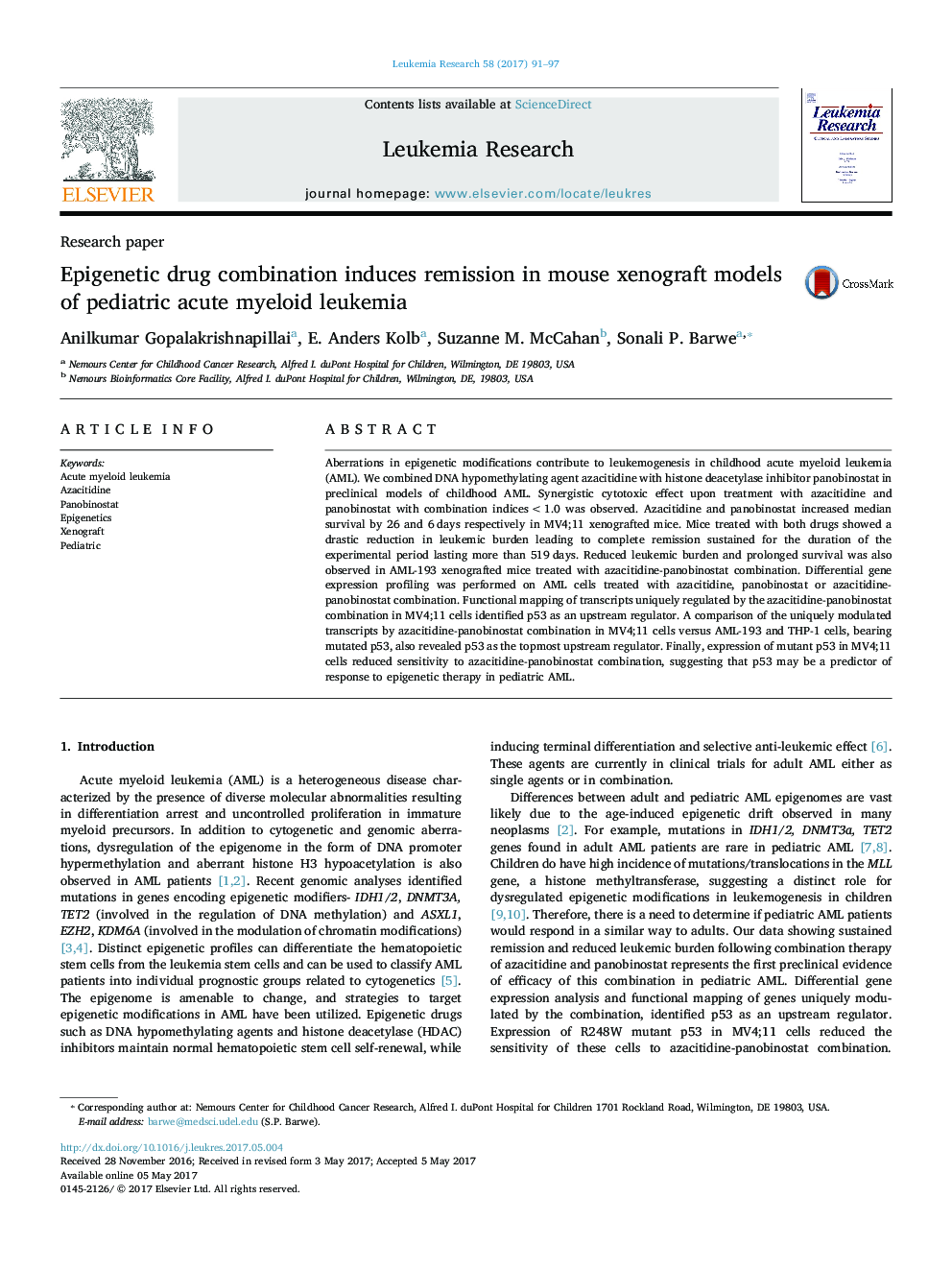 Research paperEpigenetic drug combination induces remission in mouse xenograft models of pediatric acute myeloid leukemia