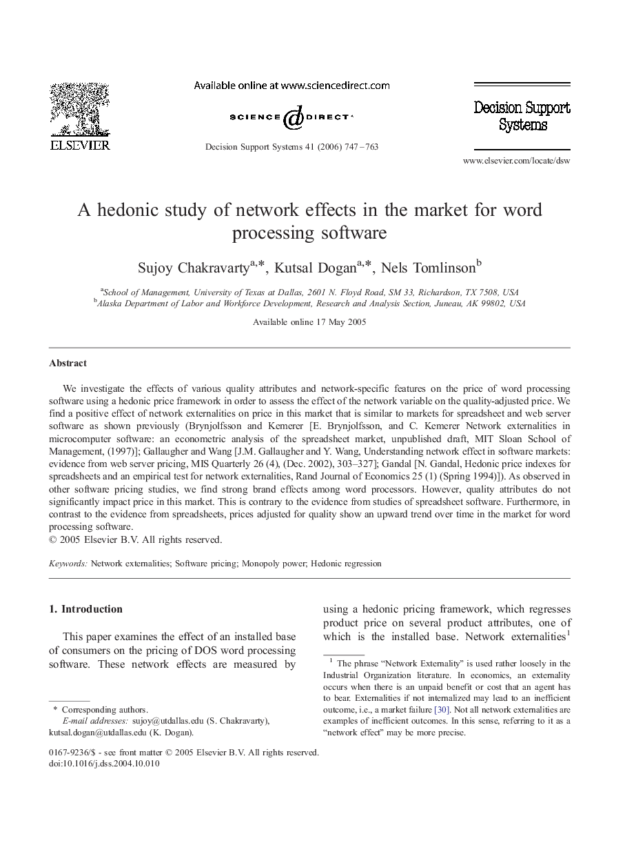 عکس صفحه اول مقاله: A hedonic study of network effects in the market for word processing software A hedonic study of network effects in the market for word processing software