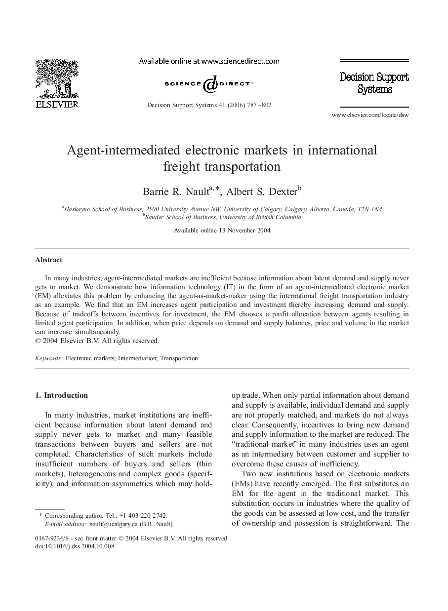 Agent-intermediated electronic markets in international freight transportation