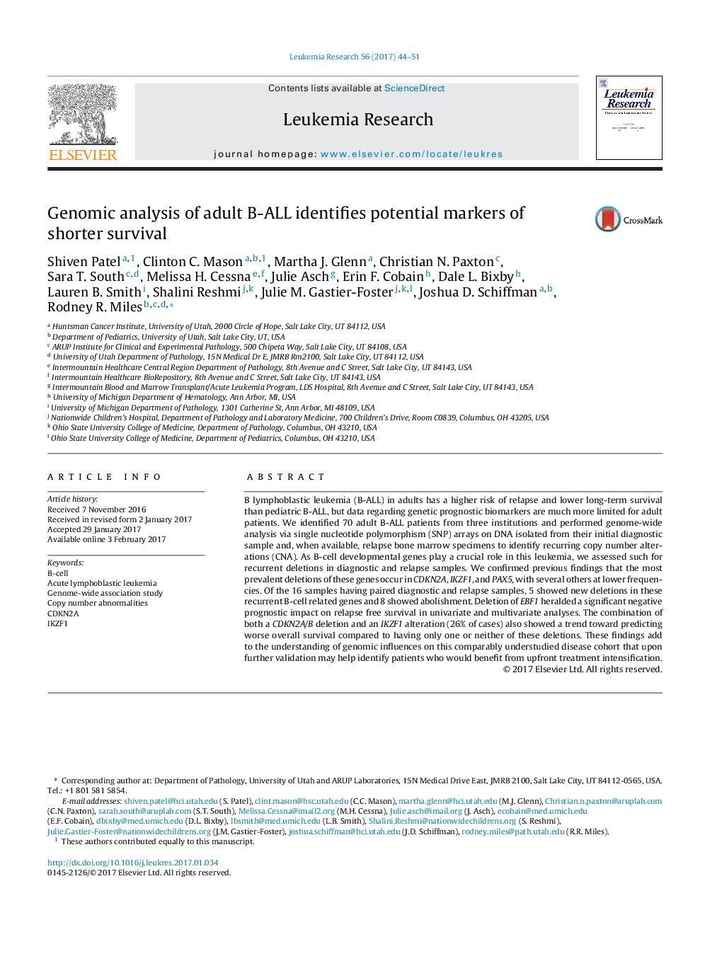 Genomic analysis of adult B-ALL identifies potential markers of shorter survival