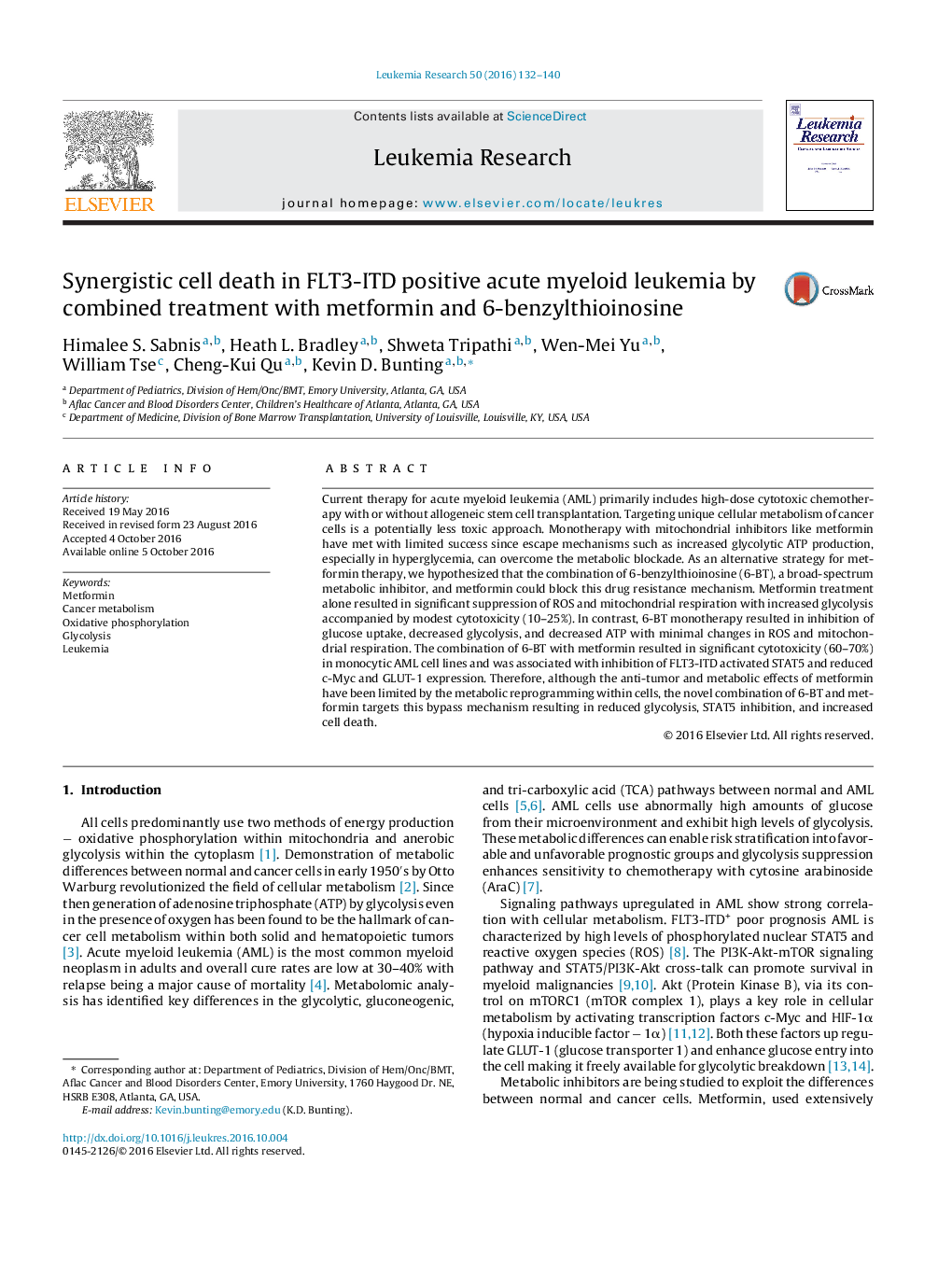 Synergistic cell death in FLT3-ITD positive acute myeloid leukemia by combined treatment with metformin and 6-benzylthioinosine