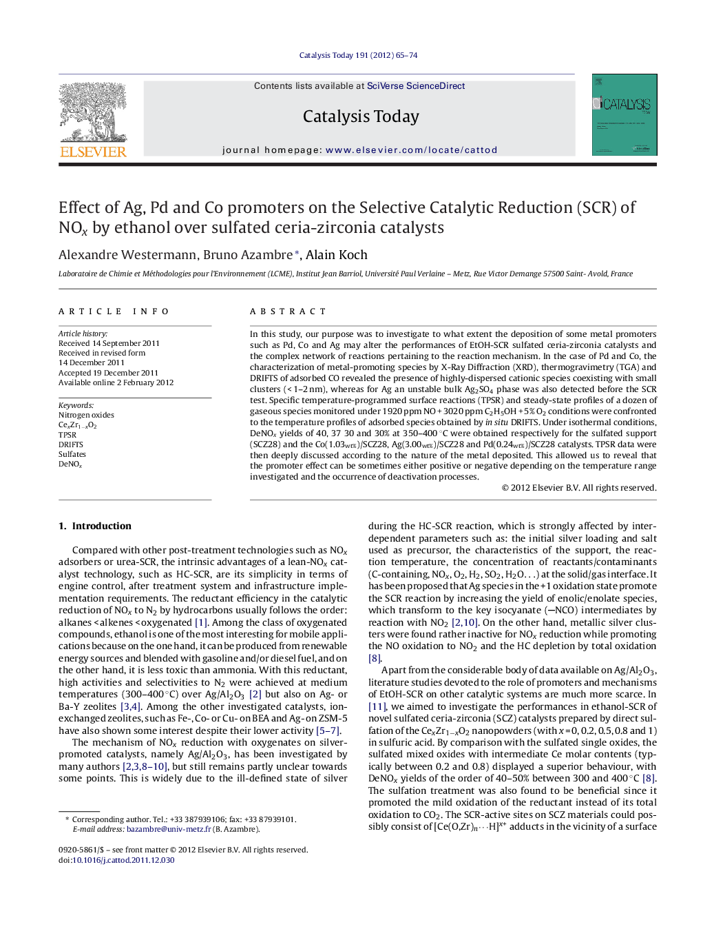 Effect of Ag, Pd and Co promoters on the Selective Catalytic Reduction (SCR) of NOx by ethanol over sulfated ceria-zirconia catalysts