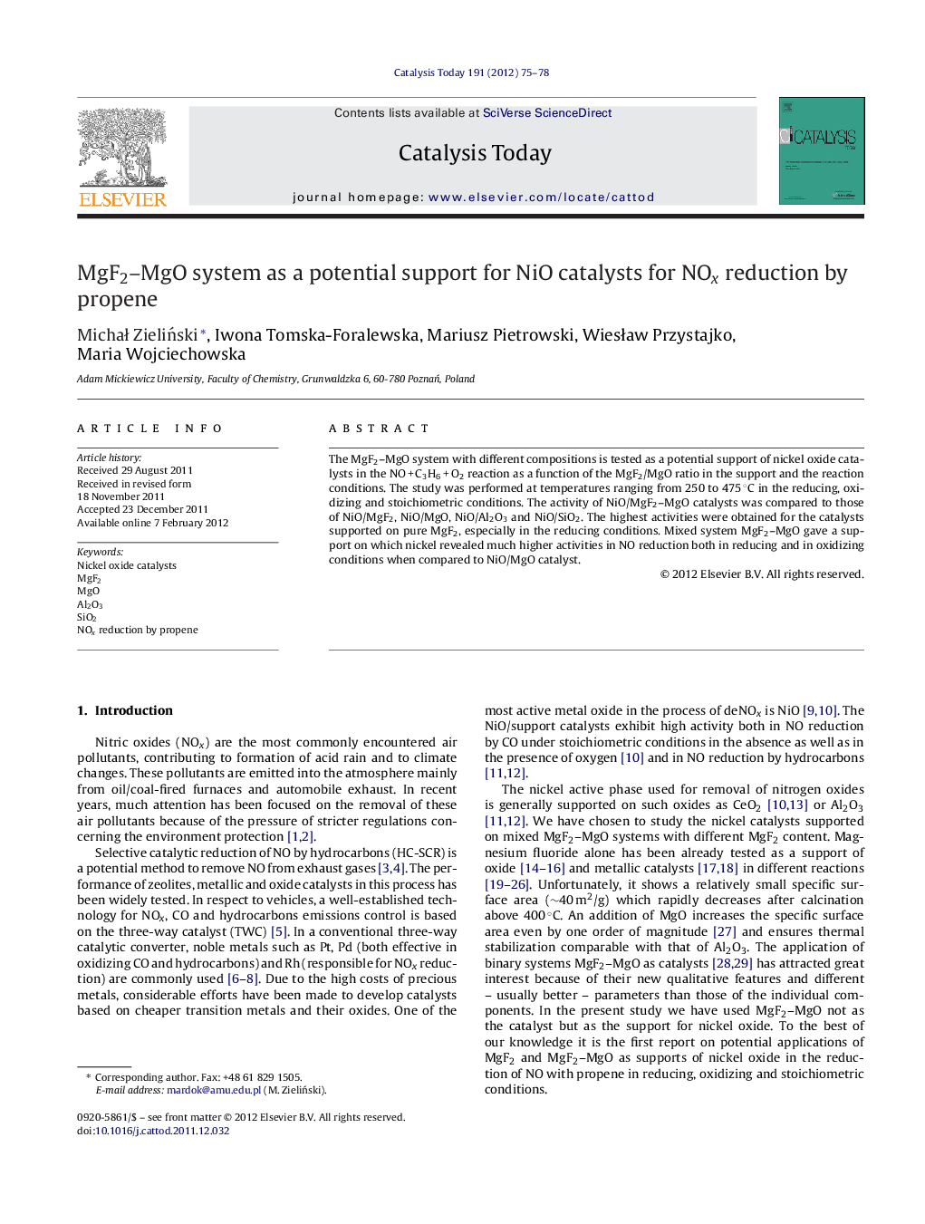 MgF2–MgO system as a potential support for NiO catalysts for NOx reduction by propene