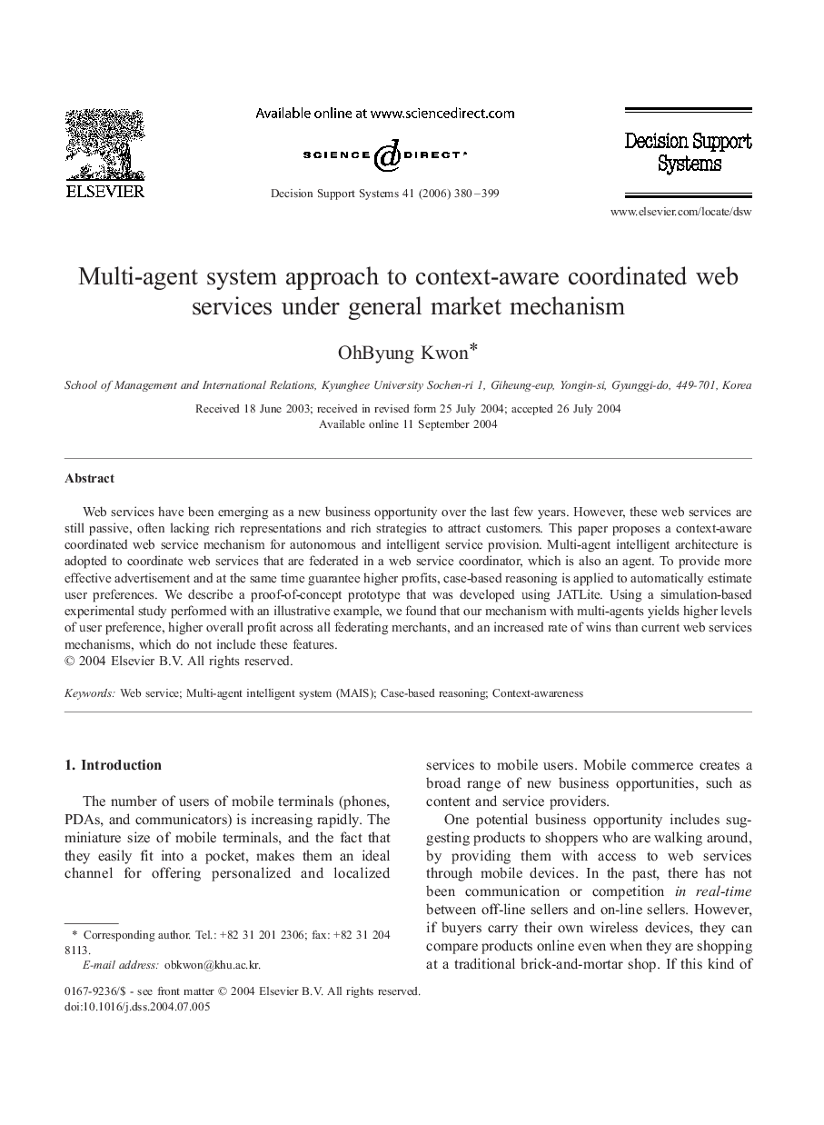 Multi-agent system approach to context-aware coordinated web services under general market mechanism