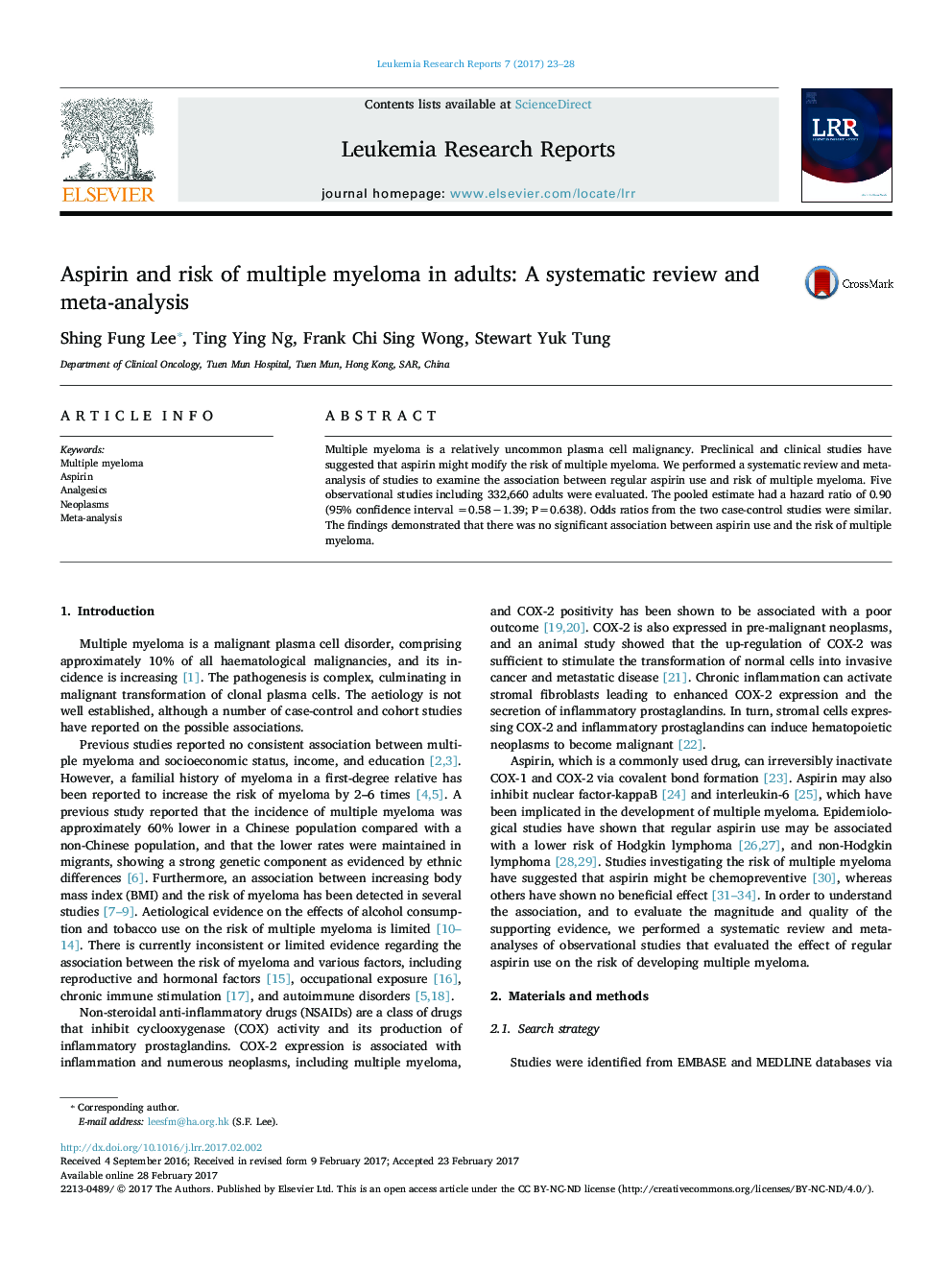 Aspirin and risk of multiple myeloma in adults: A systematic review and meta-analysis