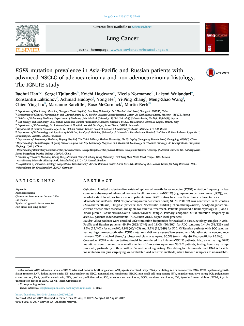 EGFR mutation prevalence in Asia-Pacific and Russian patients with advanced NSCLC of adenocarcinoma and non-adenocarcinoma histology: The IGNITE study