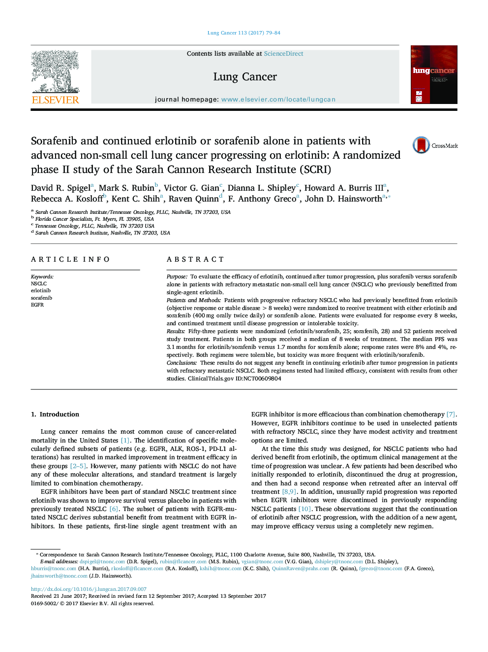 Sorafenib and continued erlotinib or sorafenib alone in patients with advanced non-small cell lung cancer progressing on erlotinib: A randomized phase II study of the Sarah Cannon Research Institute (SCRI)