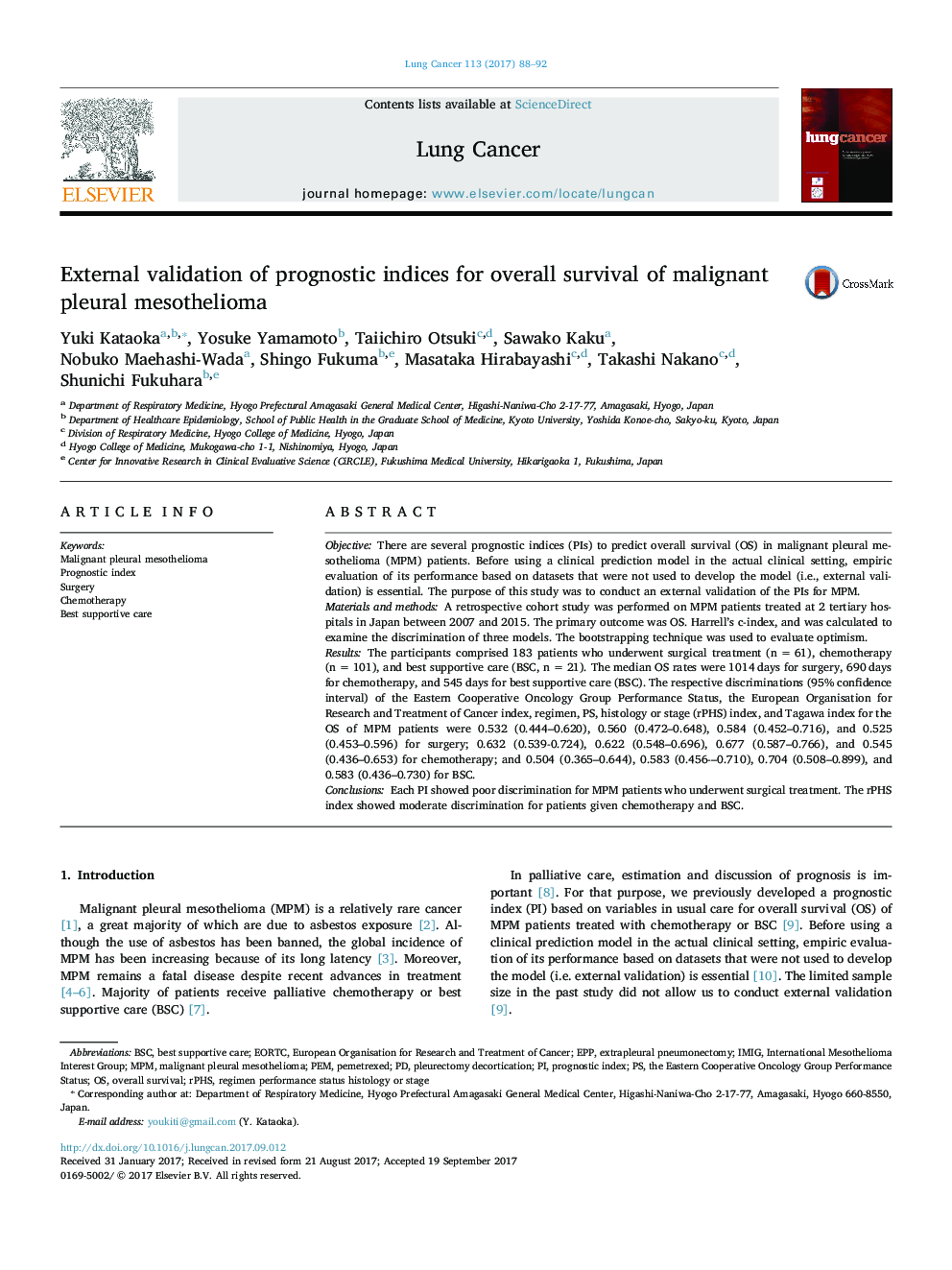 External validation of prognostic indices for overall survival of malignant pleural mesothelioma