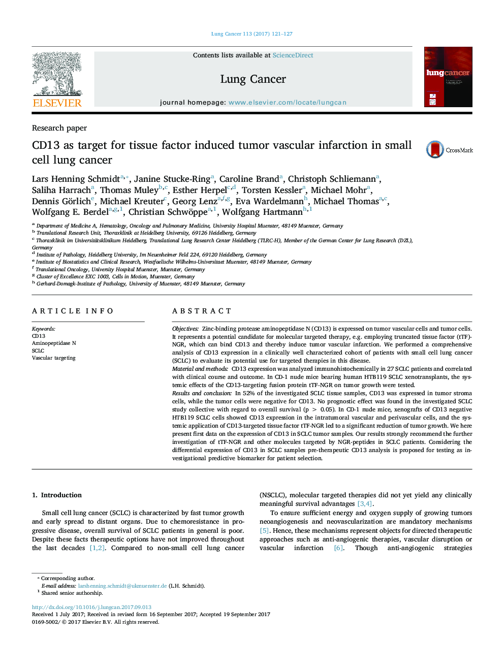 Research paperCD13 as target for tissue factor induced tumor vascular infarction in small cell lung cancer