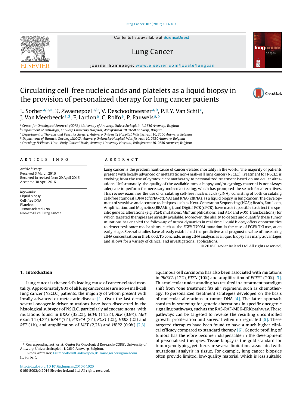 Circulating cell-free nucleic acids and platelets as a liquid biopsy in the provision of personalized therapy for lung cancer patients