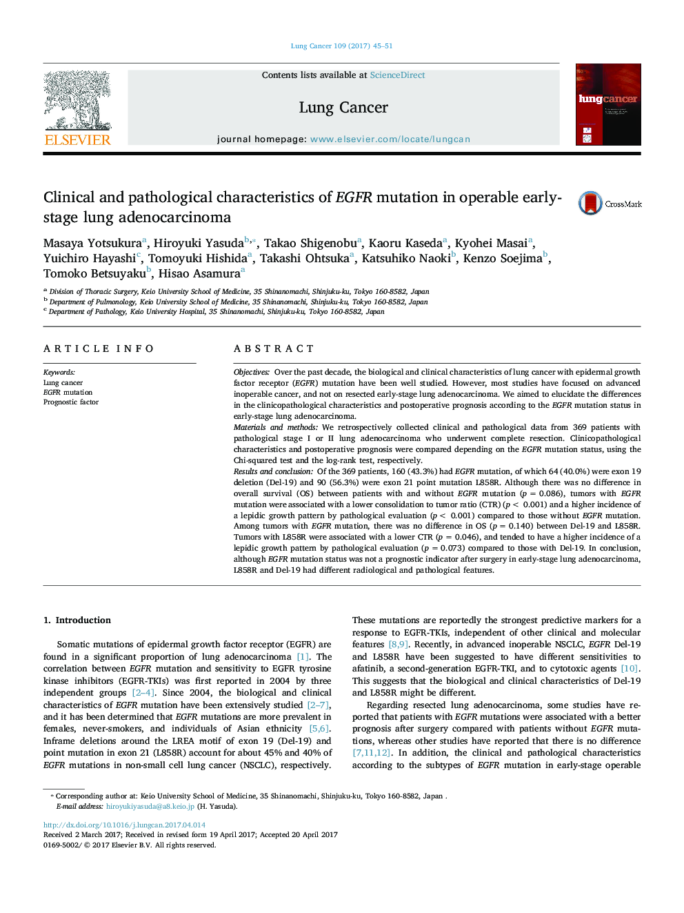 Clinical and pathological characteristics of EGFR mutation in operable early-stage lung adenocarcinoma