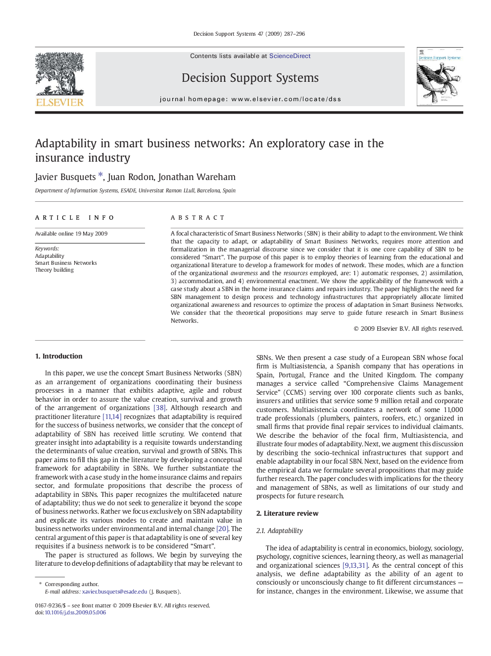 Adaptability in smart business networks: An exploratory case in the insurance industry