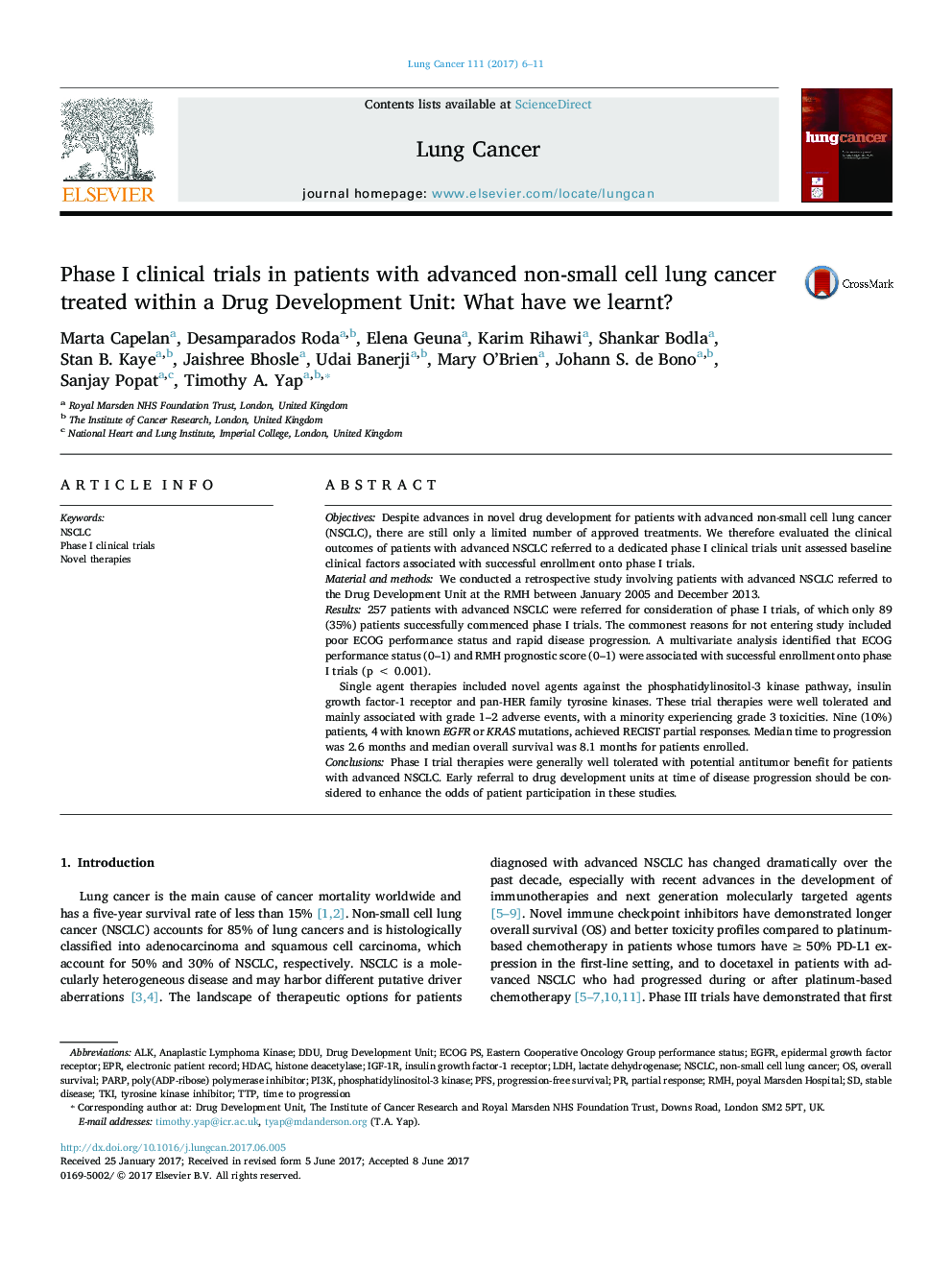 Phase I clinical trials in patients with advanced non-small cell lung cancer treated within a Drug Development Unit: What have we learnt?