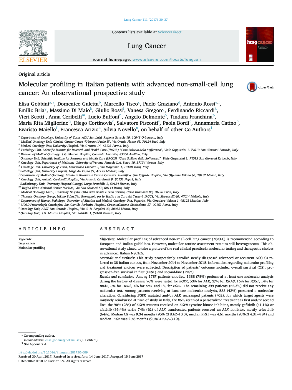 Original articleMolecular profiling in Italian patients with advanced non-small-cell lung cancer: An observational prospective study