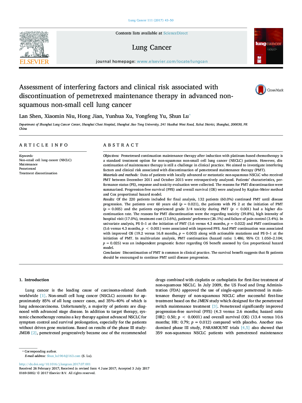 Assessment of interfering factors and clinical risk associated with discontinuation of pemetrexed maintenance therapy in advanced non-squamous non-small cell lung cancer