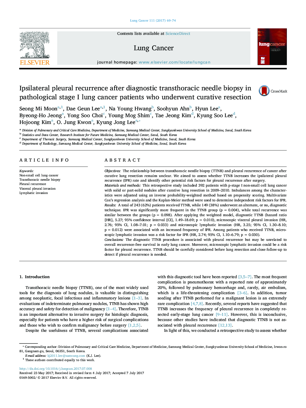 Ipsilateral pleural recurrence after diagnostic transthoracic needle biopsy in pathological stage I lung cancer patients who underwent curative resection