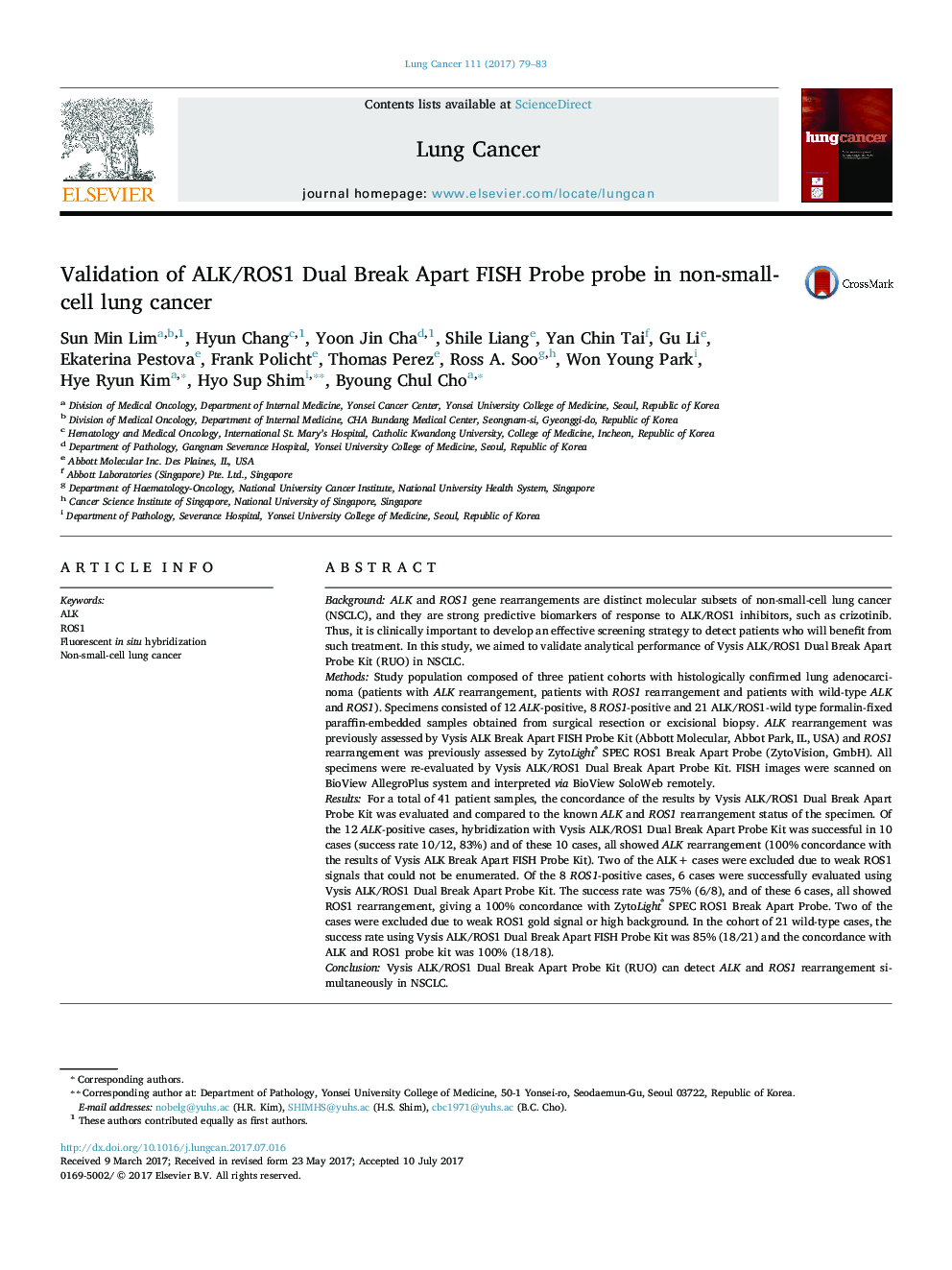 Validation of ALK/ROS1 Dual Break Apart FISH Probe probe in non-small-cell lung cancer