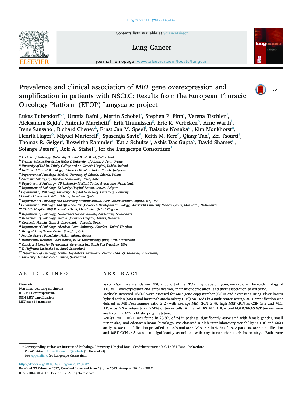 Prevalence and clinical association of MET gene overexpression and amplification in patients with NSCLC: Results from the European Thoracic Oncology Platform (ETOP) Lungscape project