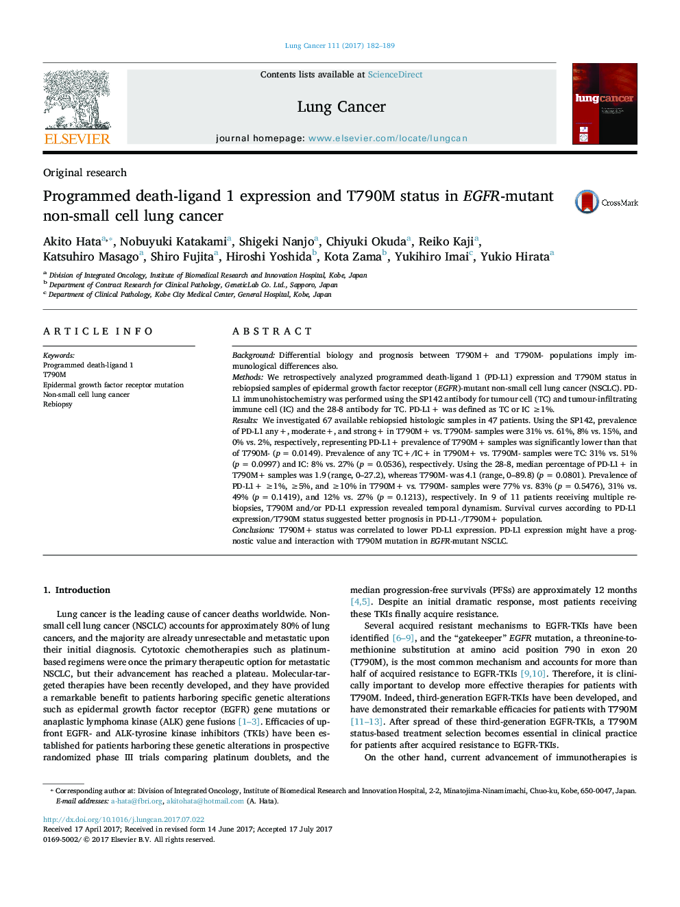 Original researchProgrammed death-ligand 1 expression and T790M status in EGFR-mutant non-small cell lung cancer