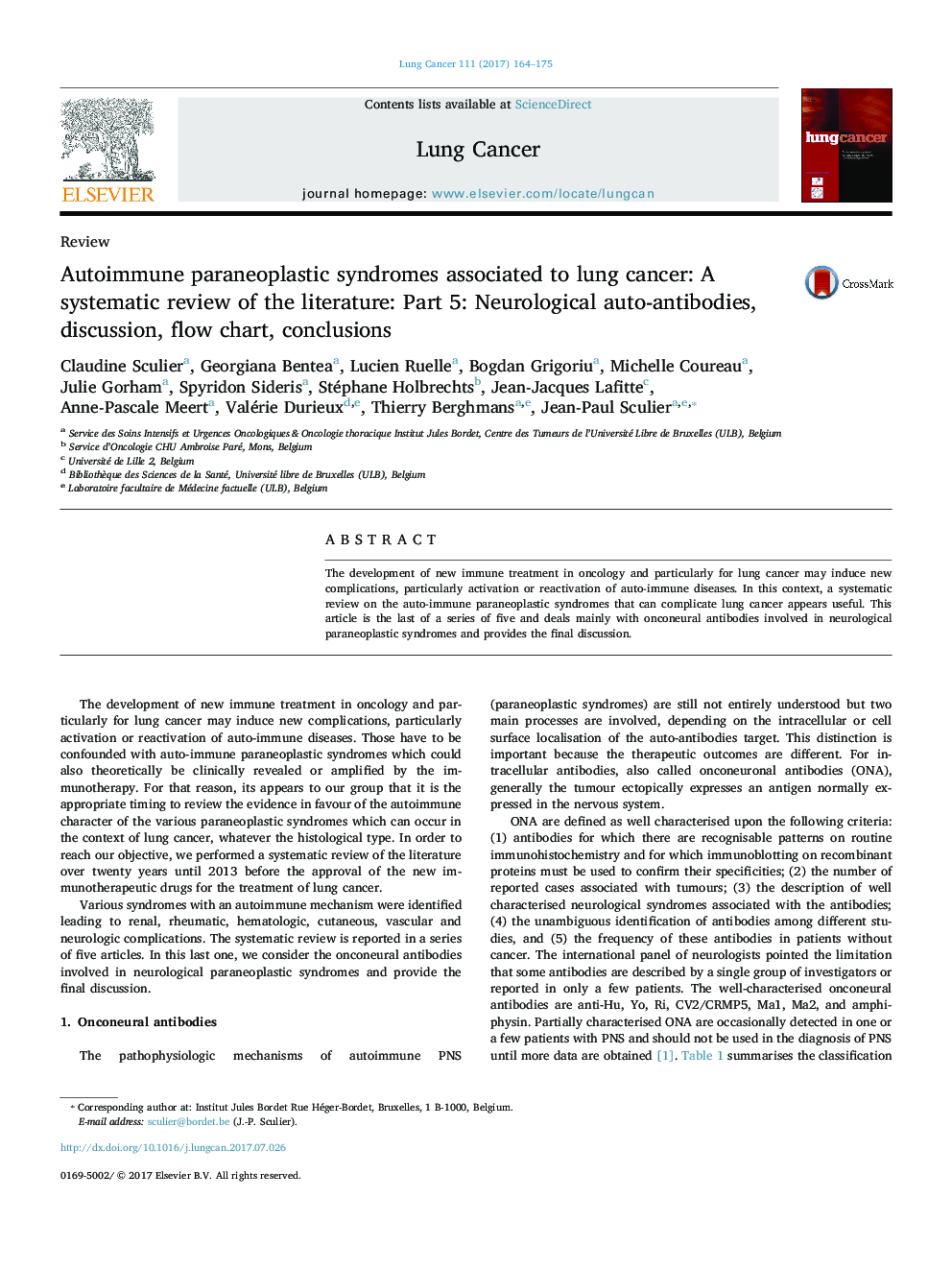 ReviewAutoimmune paraneoplastic syndromes associated to lung cancer: A systematic review of the literature: Part 5: Neurological auto-antibodies, discussion, flow chart, conclusions