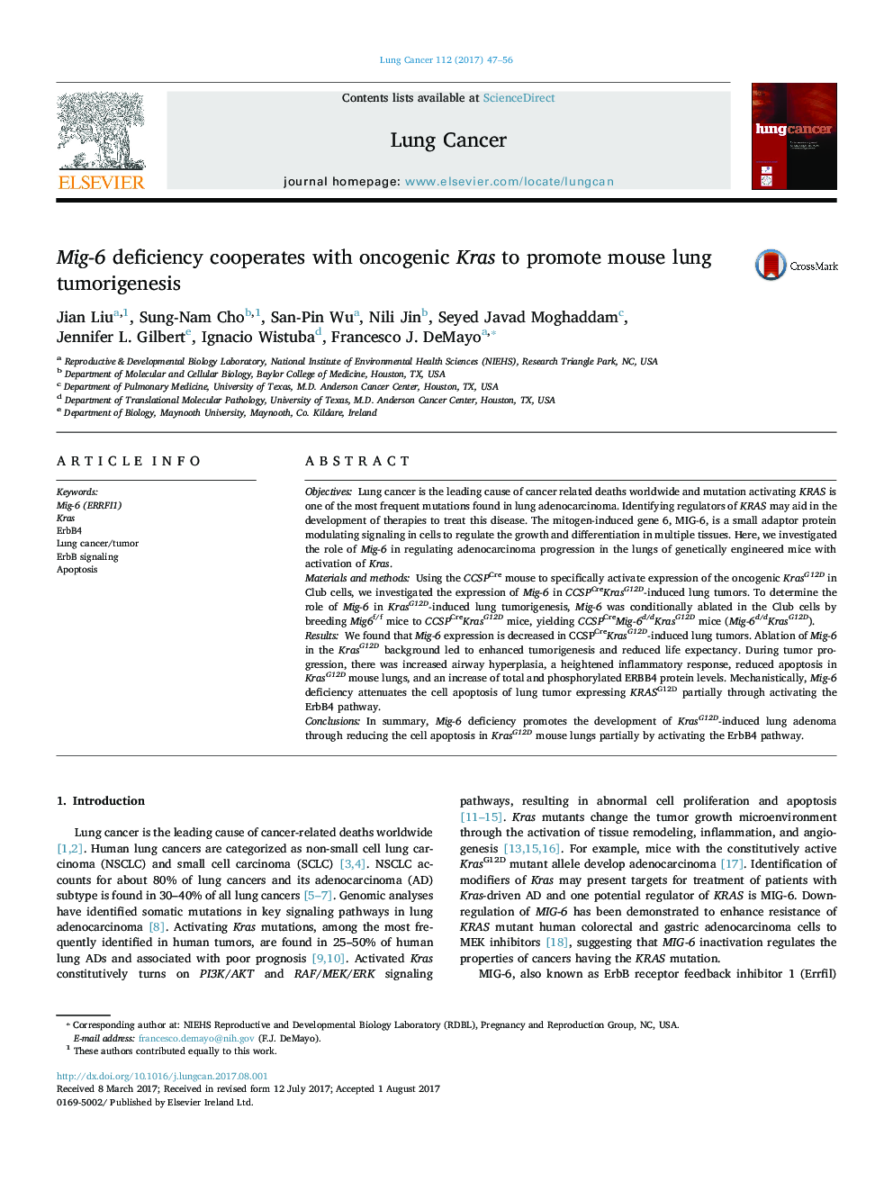 Mig-6 deficiency cooperates with oncogenic Kras to promote mouse lung tumorigenesis