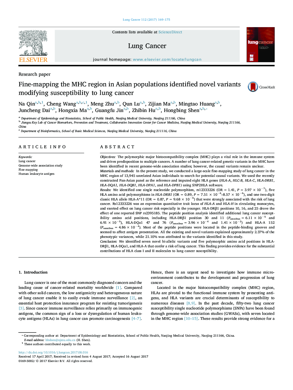 Research paperFine-mapping the MHC region in Asian populations identified novel variants modifying susceptibility to lung cancer