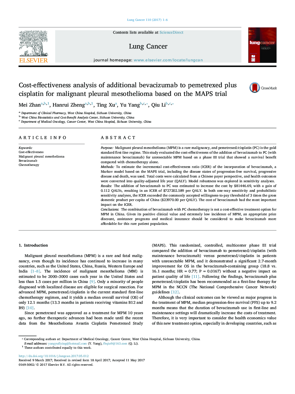 Cost-effectiveness analysis of additional bevacizumab to pemetrexed plus cisplatin for malignant pleural mesothelioma based on the MAPS trial