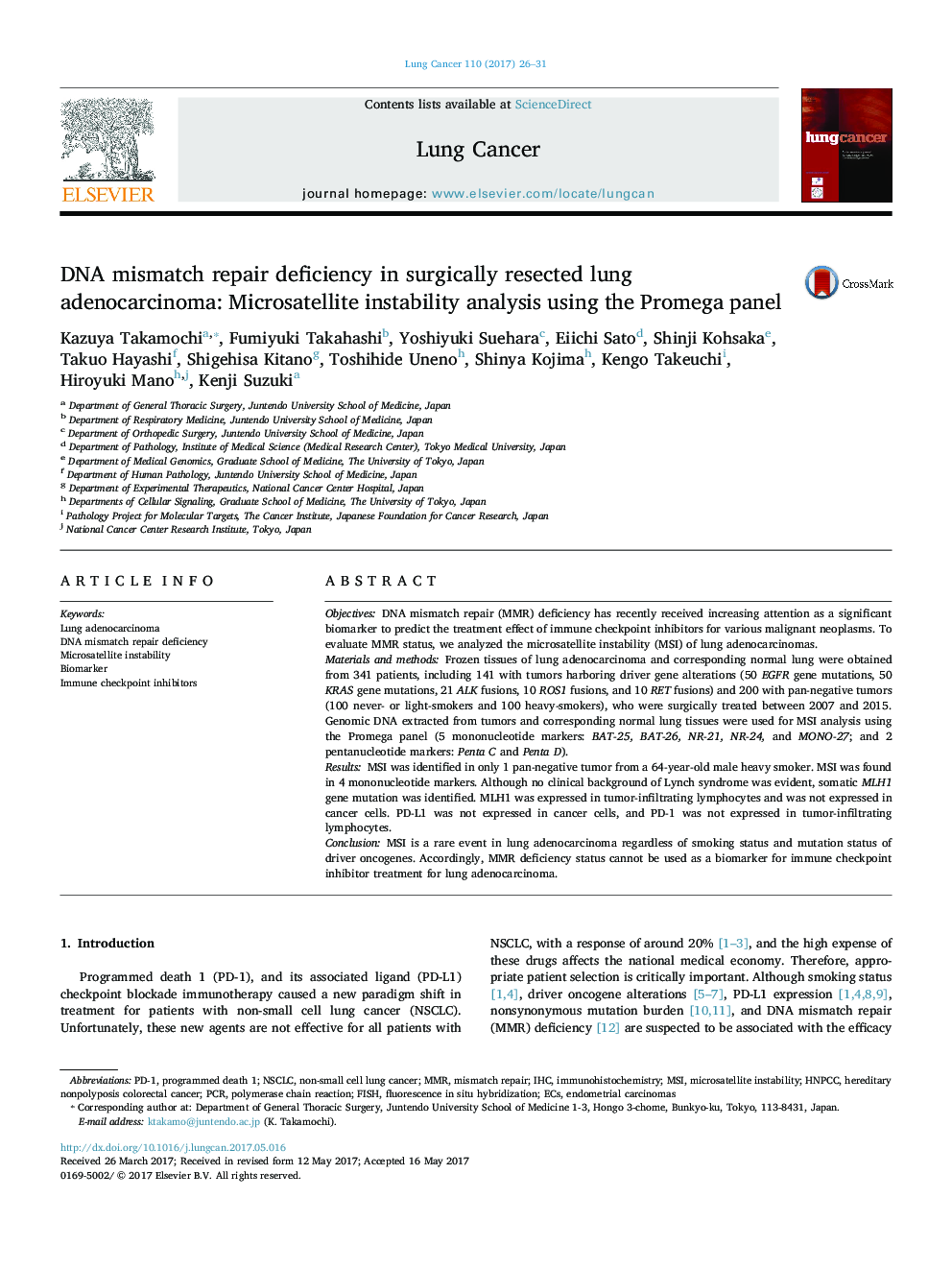 DNA mismatch repair deficiency in surgically resected lung adenocarcinoma: Microsatellite instability analysis using the Promega panel