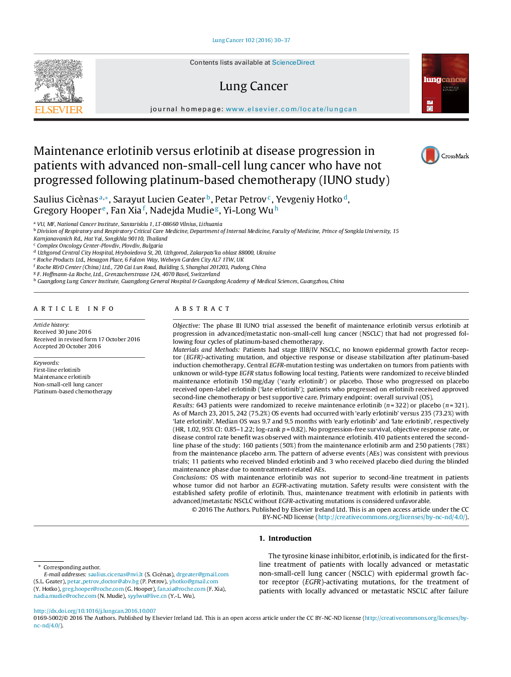 Maintenance erlotinib versus erlotinib at disease progression in patients with advanced non-small-cell lung cancer who have not progressed following platinum-based chemotherapy (IUNO study)