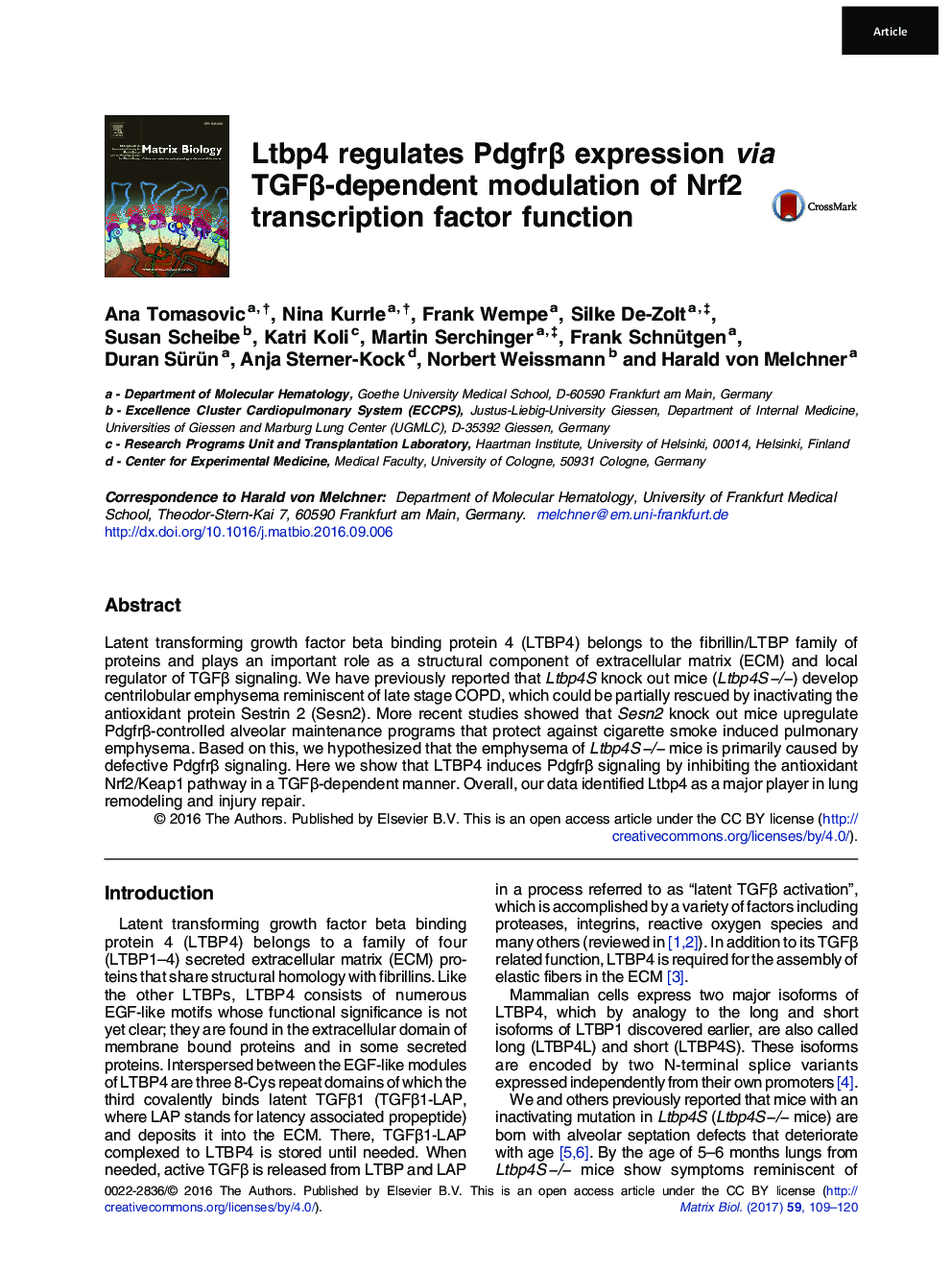 Ltbp4 regulates PdgfrÎ² expression via TGFÎ²-dependent modulation of Nrf2 transcription factor function