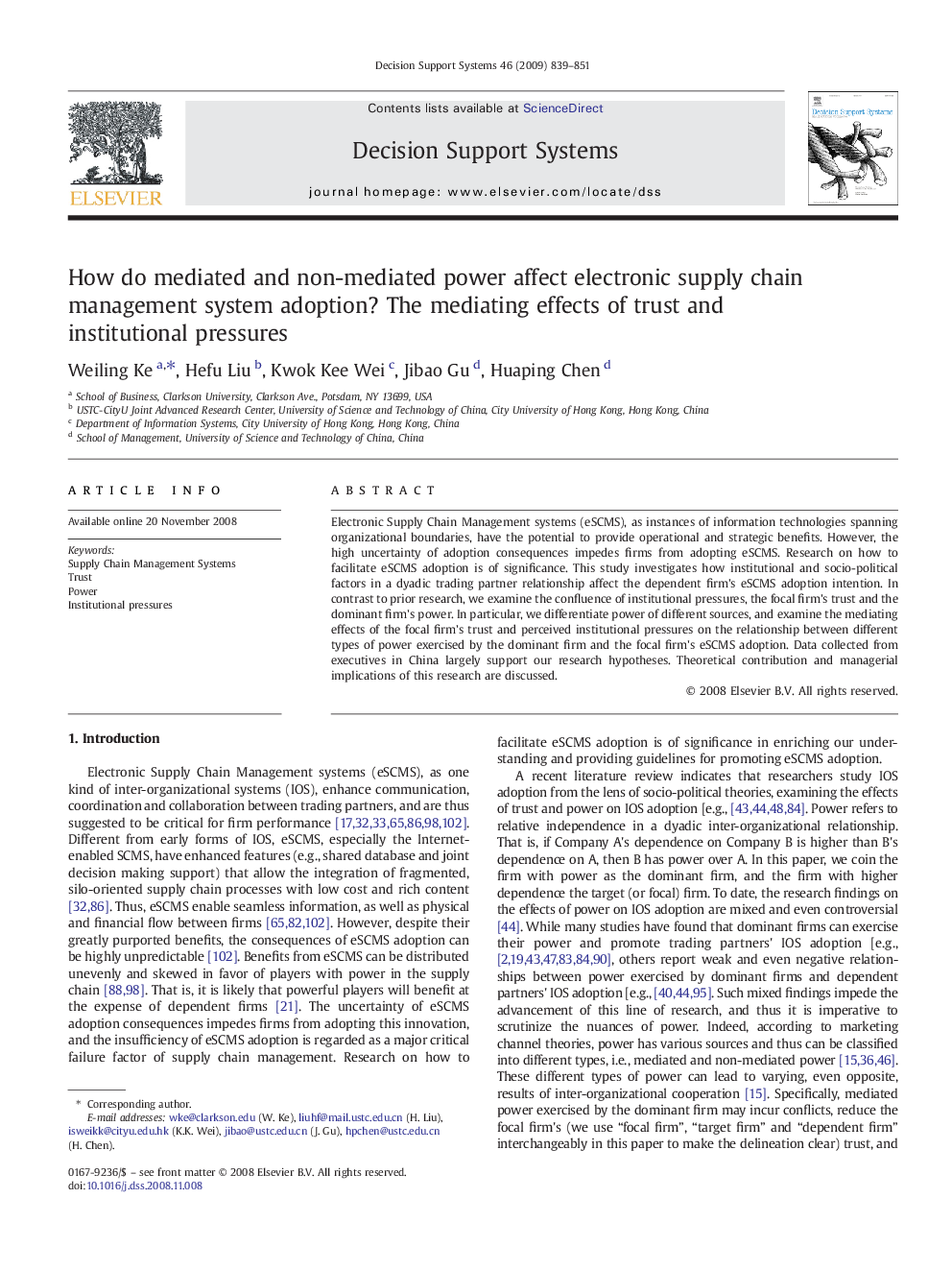 How do mediated and non-mediated power affect electronic supply chain management system adoption? The mediating effects of trust and institutional pressures