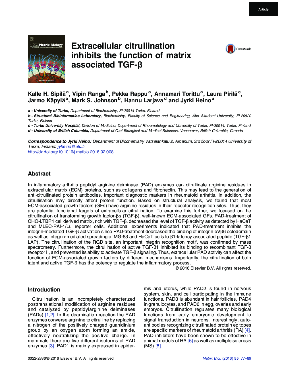 Extracellular citrullination inhibits the function of matrix associated TGF-Î²