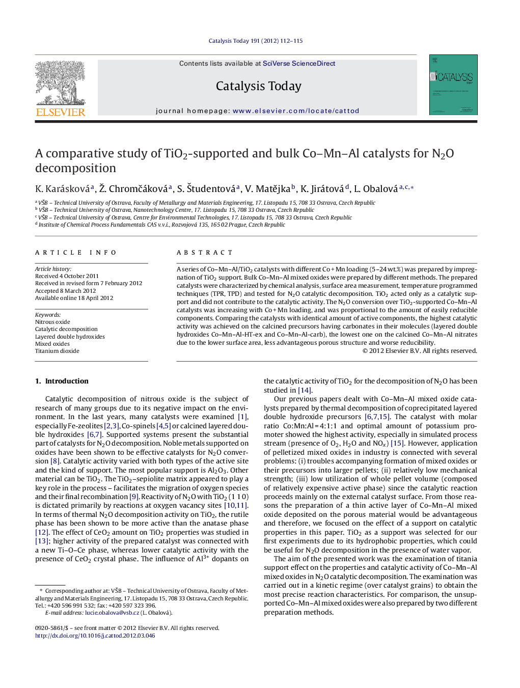 A comparative study of TiO2-supported and bulk Co–Mn–Al catalysts for N2O decomposition