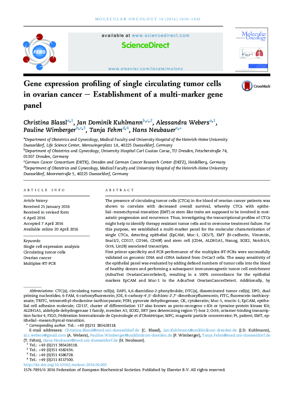 Gene expression profiling of single circulating tumor cells inÂ ovarian cancer - Establishment of a multi-marker gene panel