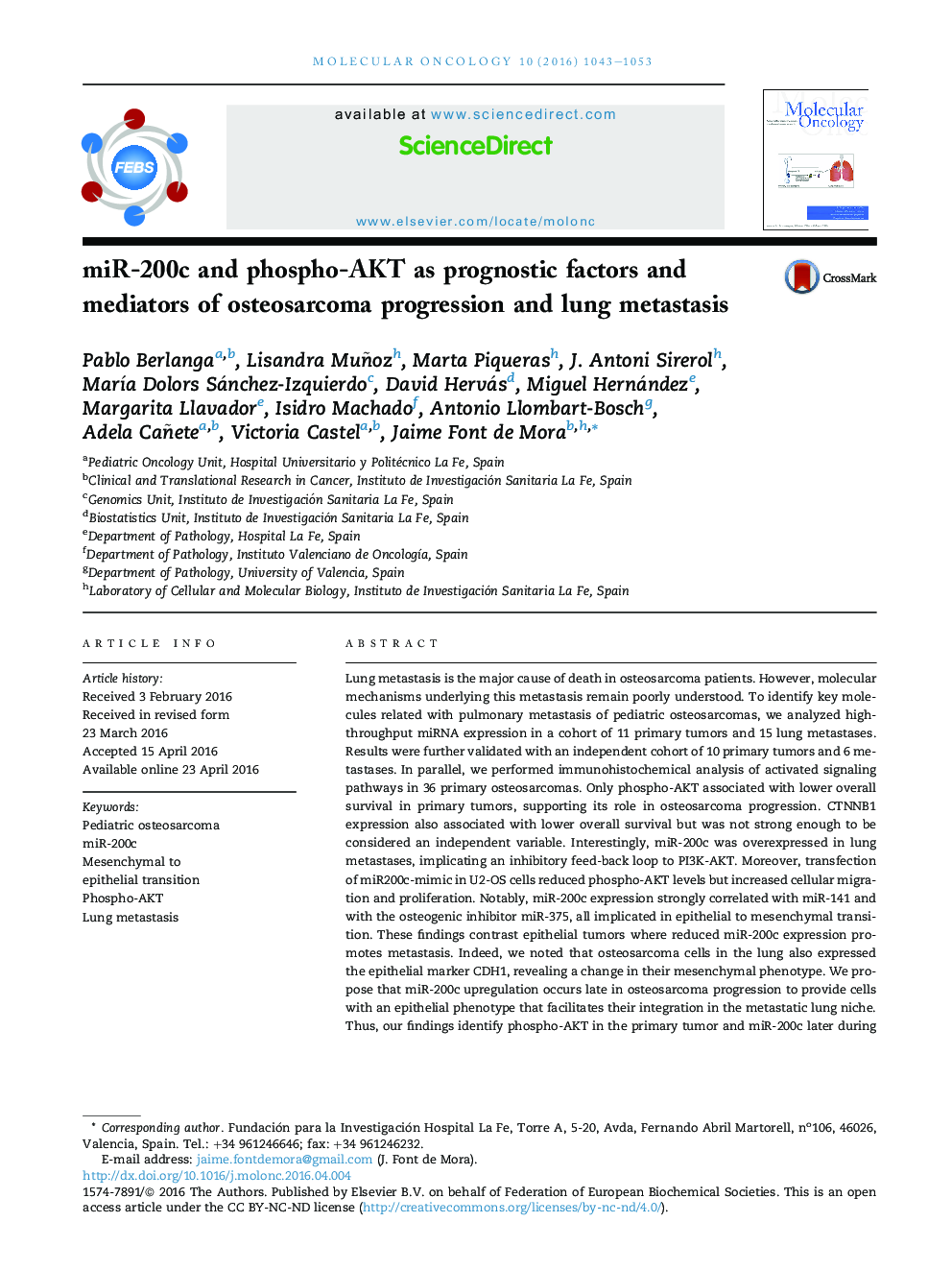 miR-200c and phospho-AKT as prognostic factors and mediators of osteosarcoma progression and lung metastasis