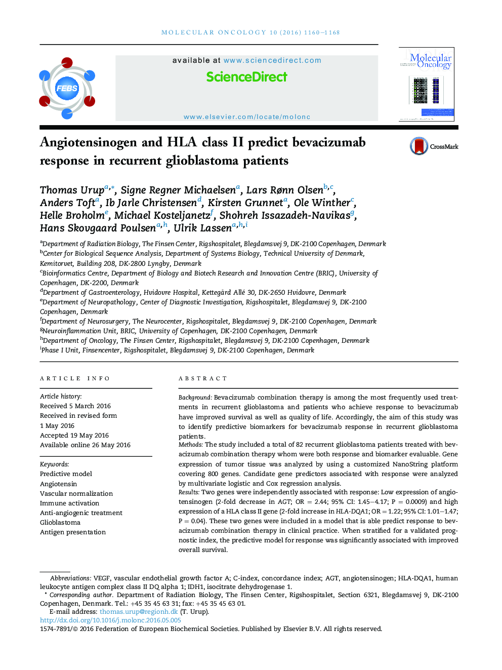 Angiotensinogen and HLA class II predict bevacizumab response in recurrent glioblastoma patients