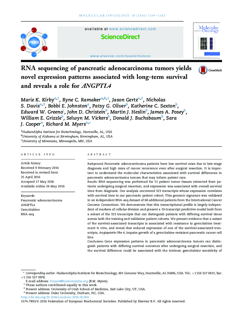 RNA sequencing of pancreatic adenocarcinoma tumors yields novel expression patterns associated with long-term survival and reveals a role for ANGPTL4